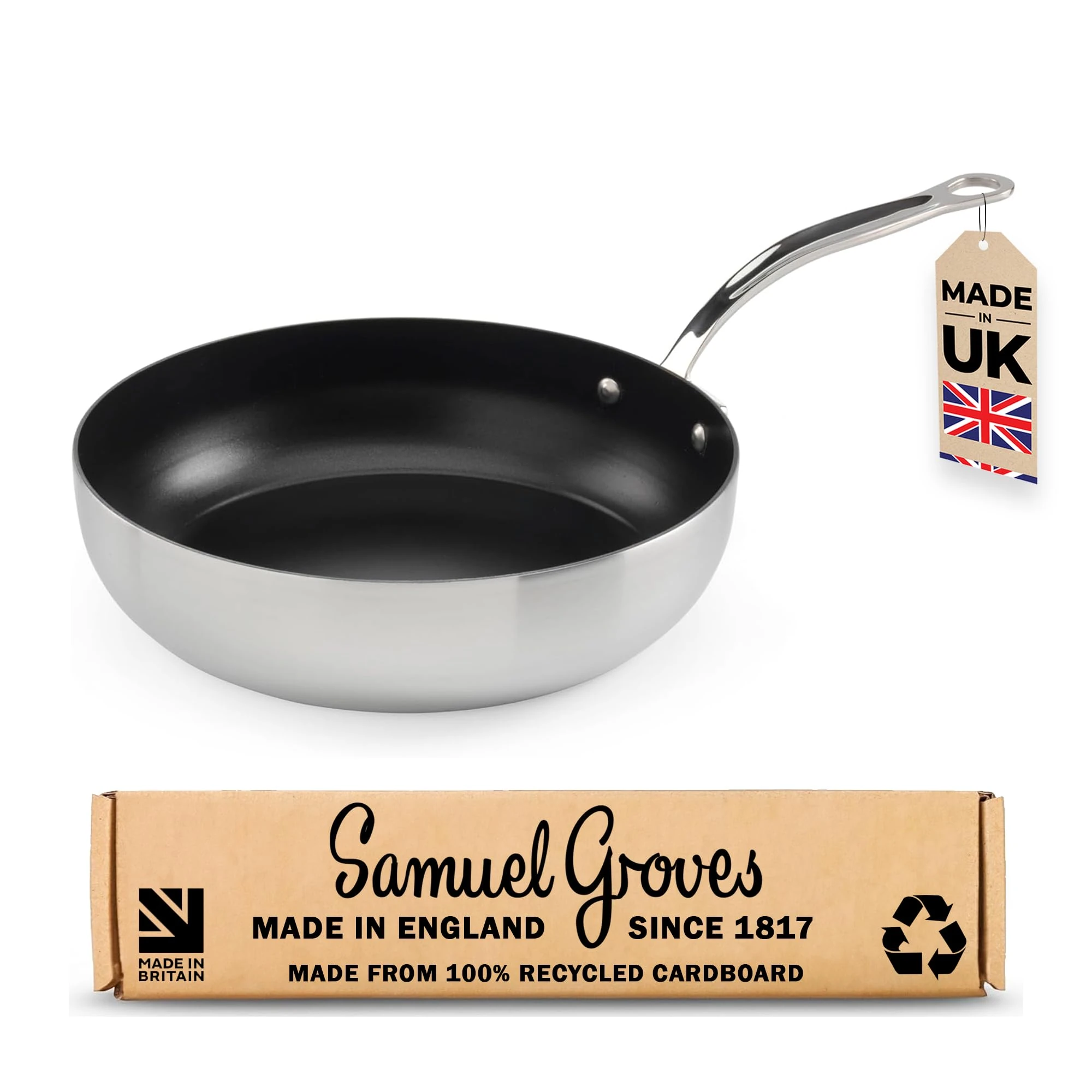 Samuel Groves 20cm Tri-Ply Stainless Steel Non-Stick Chef’s Frying Pan with Long Handle, Suitable for All Hobs Including Induction, Premium Quality Cookware, Made in England
