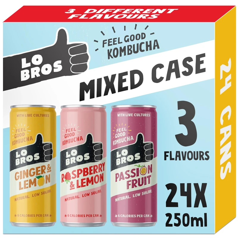 Lo Bros Kombucha - Mixed Pack with 3 Flavours - Sparkling Refreshing Soft Drink with Natural Ingredients and Live Cultures, Supports Gut Health, Low Sugar, Vegan, Gluten Free- 24 x 250ml