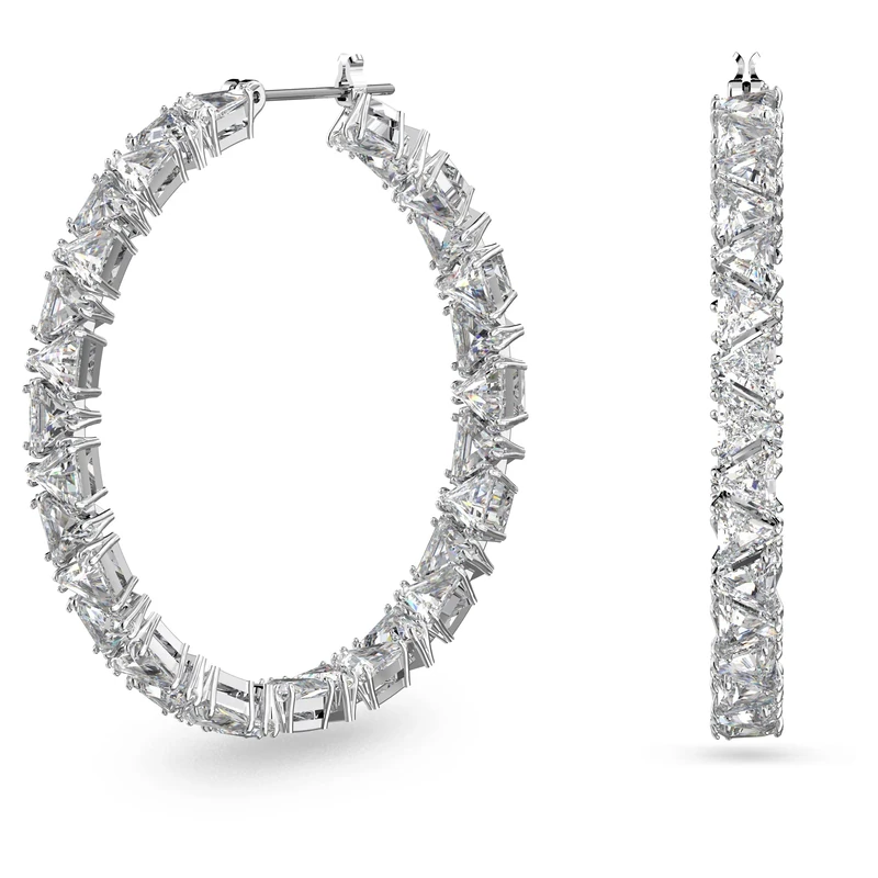 Swarovski Hoop Earrings, White Triangle Cut Crystal Earrings in a Rhodium Plated Setting, from the Ortyx Collection