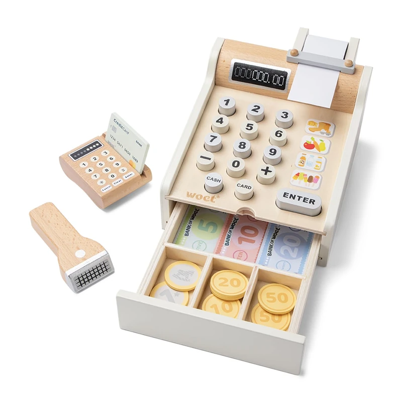 New Classic Toys 10651 Wooden Cash Register with Play Money, Scanner and Bank Card, White