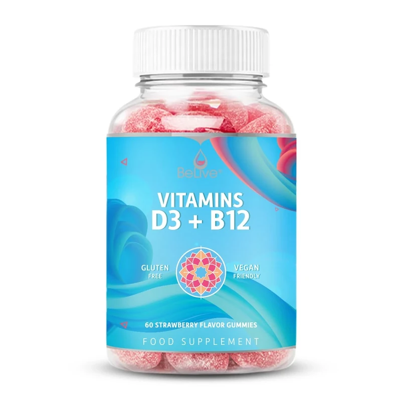 BeLive Vitamin D3 Gummies with B12 Vitamins - 60 Ct I Vegan Immune Support Gummies with Vitamin B12 & D3, Provides Enhanced Bone & Muscle Strength, Hearth Health and Energy - Strawberry Flavour
