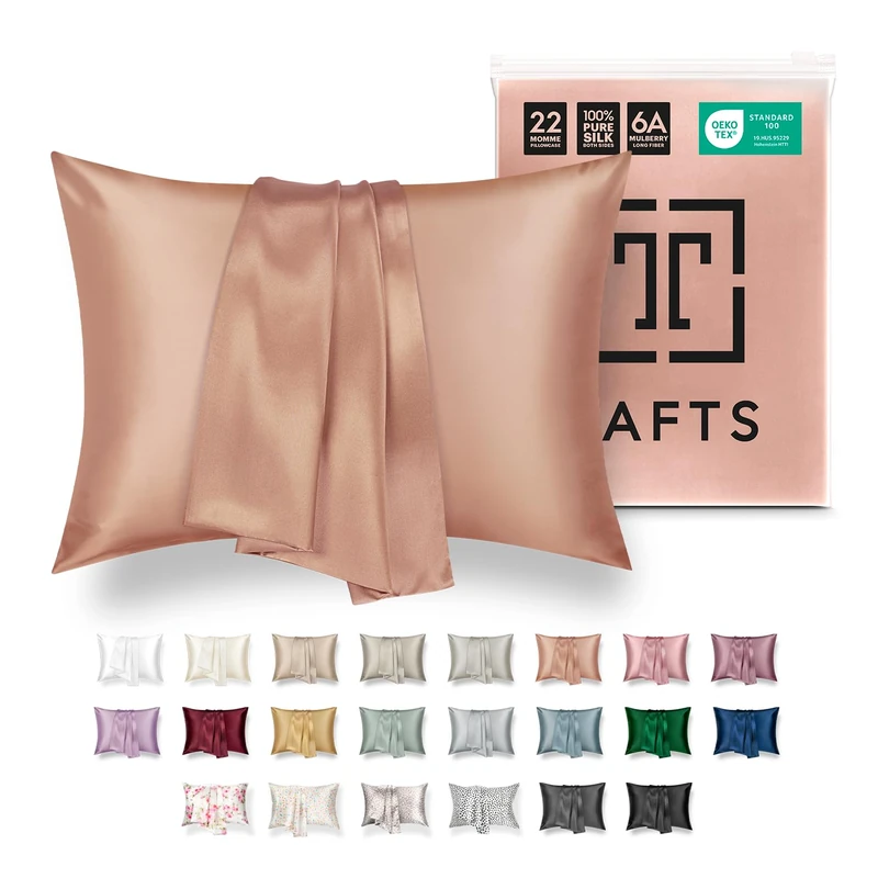 TAFTS Silk Pillowcase 22 Momme 100% Pure Mulberry Silk Pillowcase for Hair and Skin, Both Sides Grade 6A Long Fiber Natural Silk Pillow Case, Concealed Zipper, King, Rose Gold