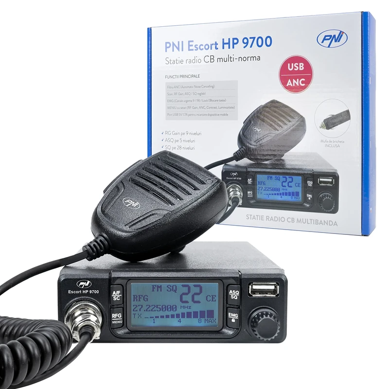 CB radio station PNI Escort HP 9700 USB, ANC, ASQ, 12V / 24V power supply, PA function, cigarette lighter plug included