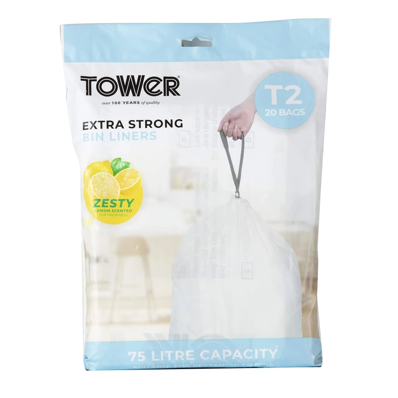 Tower 75L Lemon Scented Bin Liners, 20 Pack, White