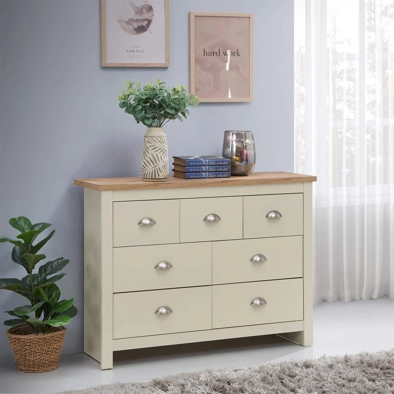 Timber Art Design UK Lisbon 3+4 Chest of Drawers with 7 Drawers, Metal Handles & Runners, Storage Organiser Unit for Bedroom Hallway Living Room Bedside Cabinet, Large, Cream 35D x 112W x 82H cm