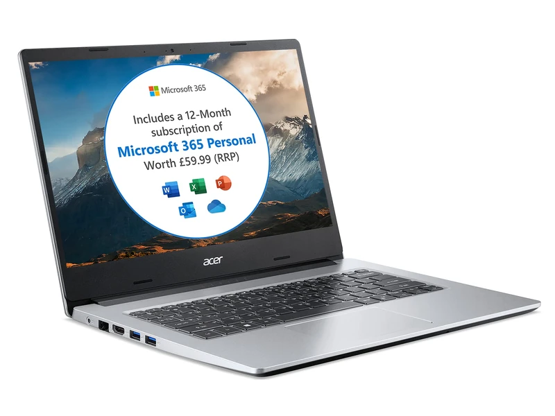 Acer Aspire 1 A114-33 14 inch Laptop - (Intel Celeron N4020, 4GB, 64GB, Full HD Display, Microsoft Office 365, Windows 10 in S Mode, Silver) - Image 1