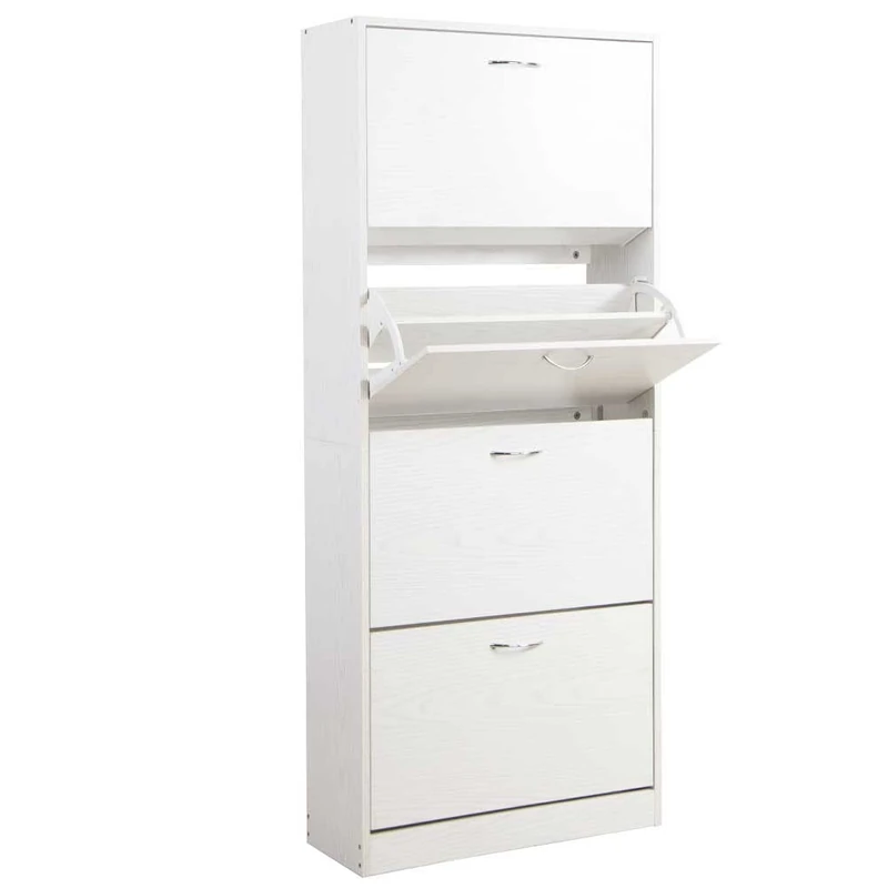 BAKAJI Shoe Rack Wooden Shoe Rack MDF with 4 Doors Folding Shoe Handles Metal Double Depth Compact Size Slim 63 x 24 x 150 cm Home Entrance (Ash White)