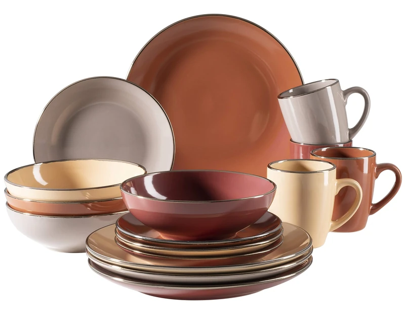 MÄSER 931871 Metallic Rim Modern Crockery Set for 4 People with Brass-Coloured Edge, 16-Piece Crockery Set with Rimless Coupe Shapes, Colourful, Stoneware, Natural