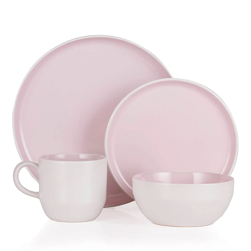 Barbary & Oak BO867004PNK Oslo 16 Piece Dinnerware Set, Stoneware, White and Pink Lemonade