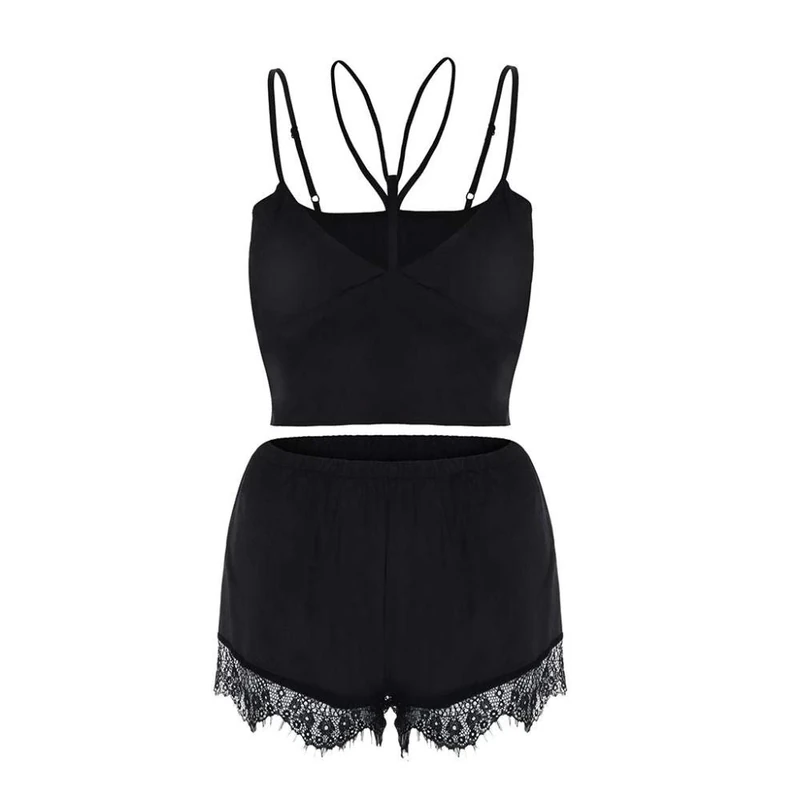 Women's Baby Dolls Women Sleep Sexy Lingerie Black Satin Lace V-Neck Camisole Shorts Sleepwear Pajamas Women Porn Apparel-Black_M - Image 1