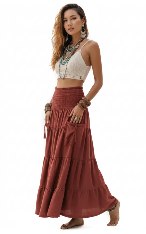 Thaluta Maxi Skirt Long Pockets Boho Cotton Hippie Bohemian Elastic Waist Gypsy Skirt - Brown - One Size