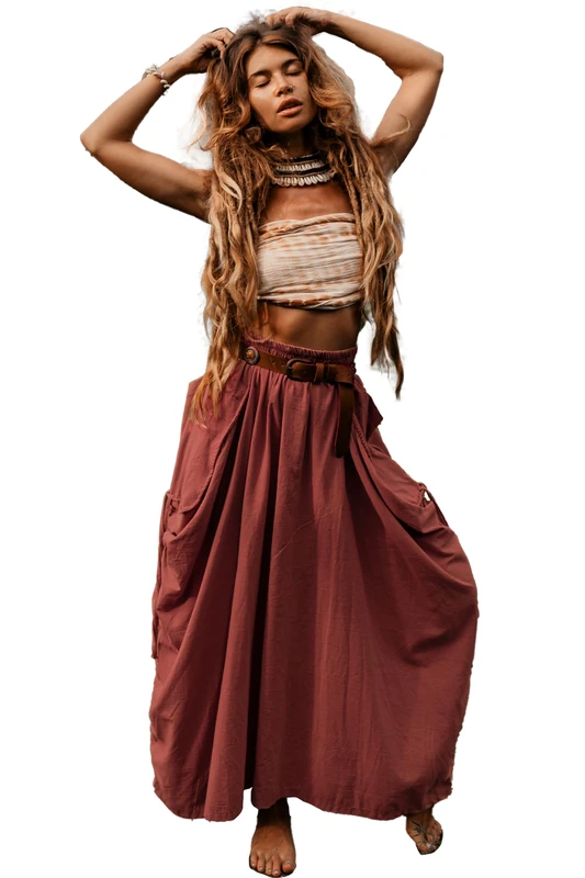 Thaluta Women's Maxi Boho Skirt with Pockets Bohemian Organic Cotton Hippie Gypsy, Rust, One Size