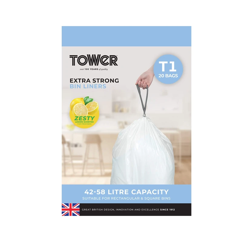 Tower T878000 42-58L Lemon Scented Heavy Duty Drawstring Bin Liners, 20 Pack, White