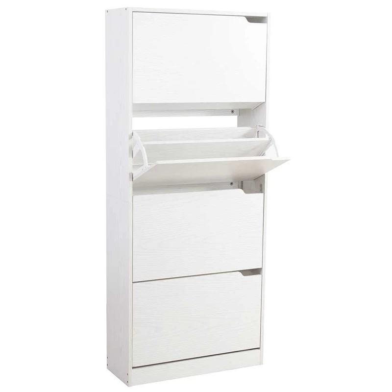 BAKAJI Shoe Rack MDF Wood Shoe Rack with 4 Doors Shoe Holder Folding Handles Double Depth Compact Size Slim 63 x 24 x 150 cm Home Entrance (White Ash)