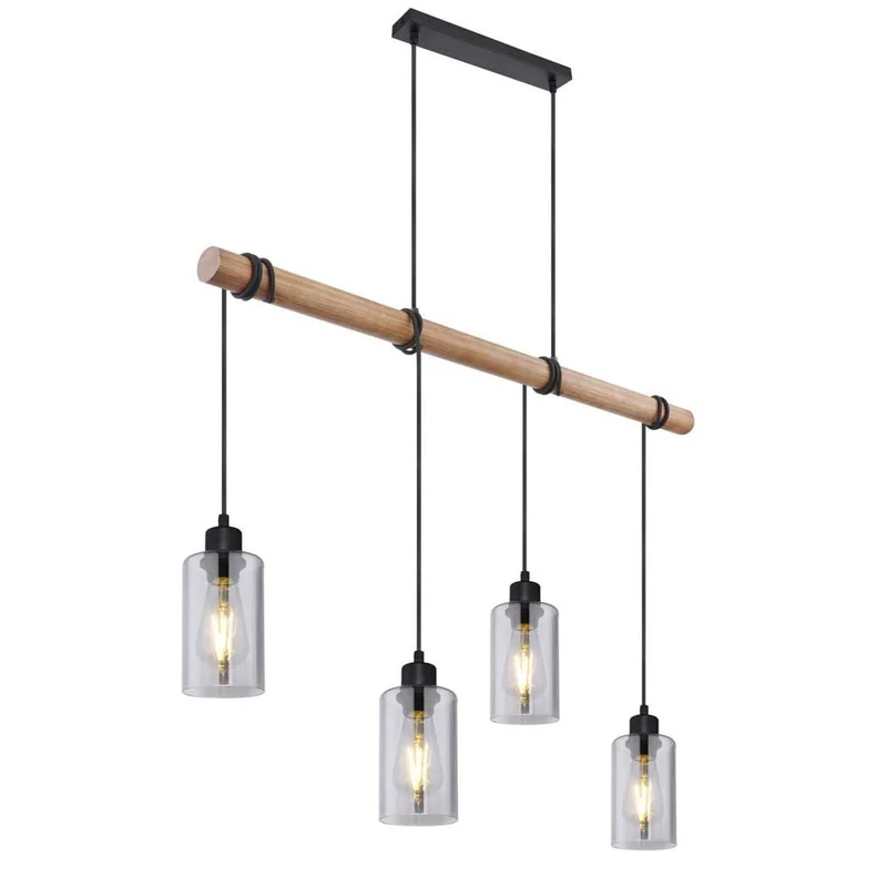HADERA Pendant Light Smoke Black Textile Cable Black Matt Dark Brown Glass Wood