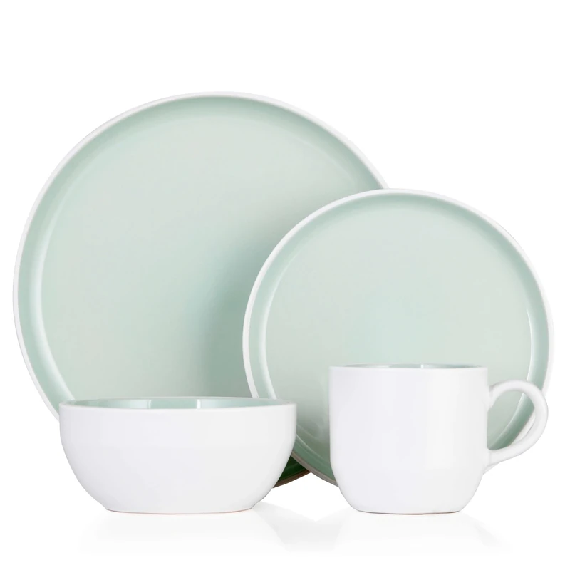 Barbary & Oak BO867004GRN Oslo 16 Piece Dinnerware Set, Stoneware, White and Peppermint Green