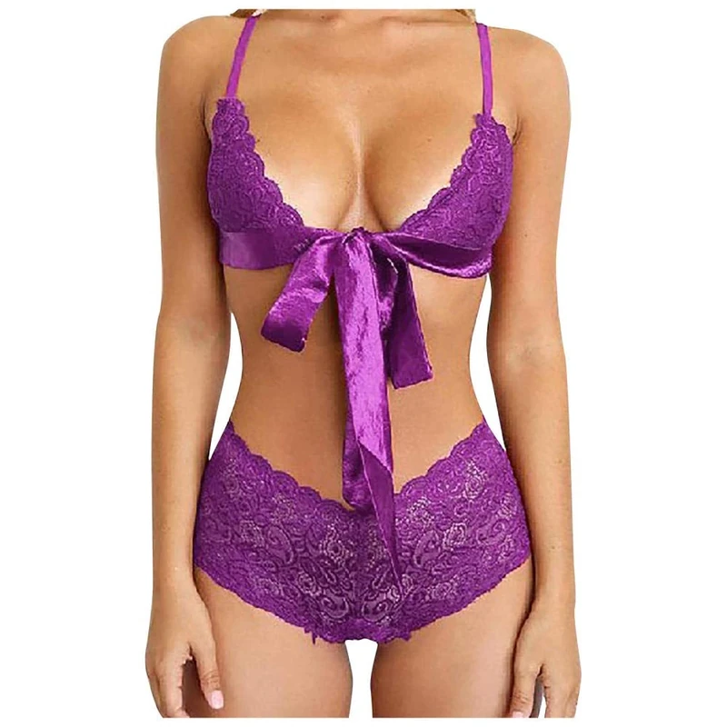 QQQQC Women's Erotic Teddies & Bodysuits Sexy Lingerie Women Sexy Lace Briefs Underwear Bowknot See-Through Erotic Lace Linger-Purple_S