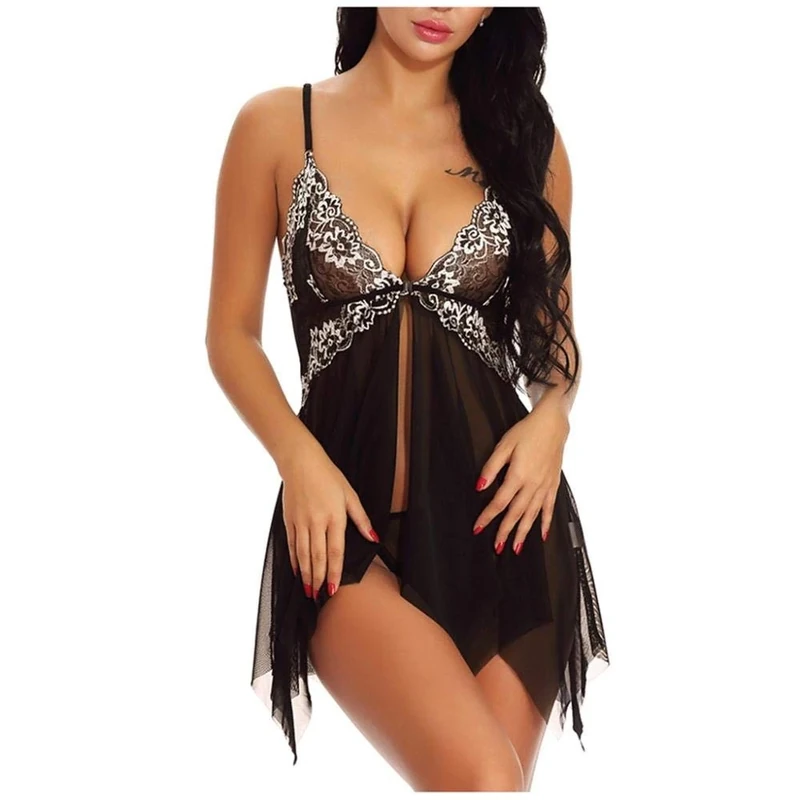 Women's Erotic Lingerie Sets See-Through Erotic Lace Lingerie Lingerie for Women Lace V Neck Mesh Sleepwear Lingerie-Black_S