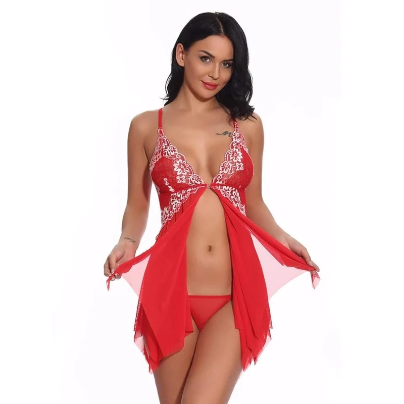 Women's Erotic Sleepwear & Robe Sets See-Through Erotic Lace Lingerie Lingerie for Women Lace V Neck Mesh Sleepwear Lingerie-Red_S