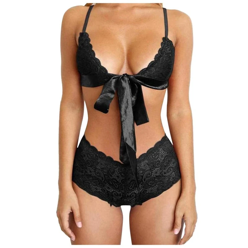 Women's Erotic Sleepwear Sexy Lingerie Women Sexy Lace Briefs Underwear Bowknot See-Through Erotic Lace Linger-Black_S