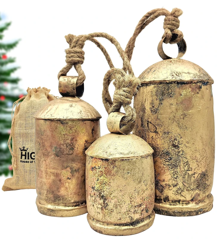 HIGHBIX Set of 3 Giant Harmony Cow Bells Huge Vintage Handmade Rustic Lucky Christmas Hanging XL Bells On Rope (Country Rustic, X-Large)
