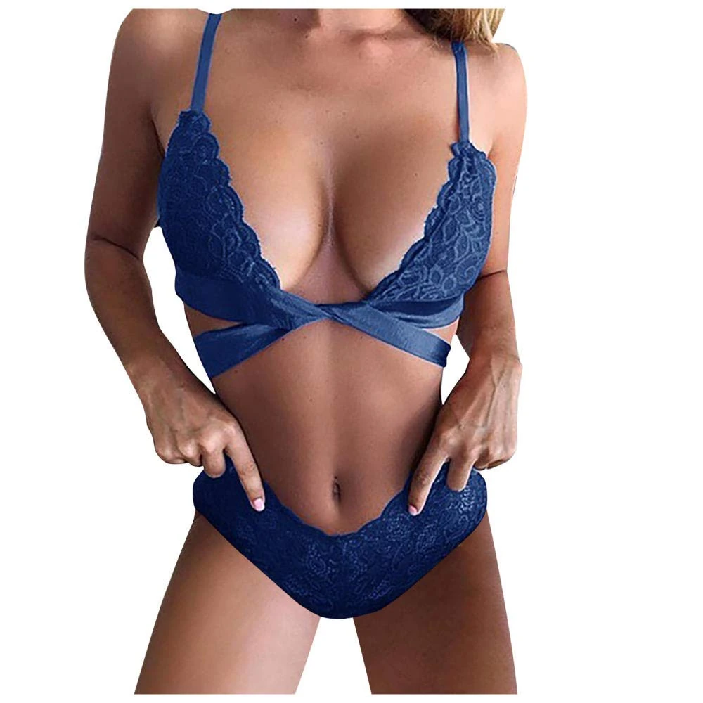 QQQQC Women's Erotic Bodystockings Sexy Lingerie Women Sexy Lace Briefs Underwear Bowknot See-Through Erotic Lace Linger-Blue_M