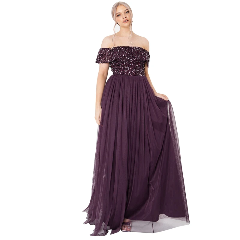 Maya Deluxe Women's Ladies Bardot Dress Maxi Embellished Hight Empire Waist Sleeveless Tulle for Wedding Guest Prom Graduation Bridesmaid, Berry, 18 - Image 1