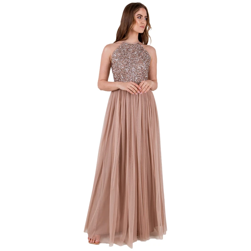 Maya Deluxe Women's Ladies Bridesmaid Maxi Dress Halter Neck Sequin Embellished Prom Graduation Wedding, Taupe Blush, 16