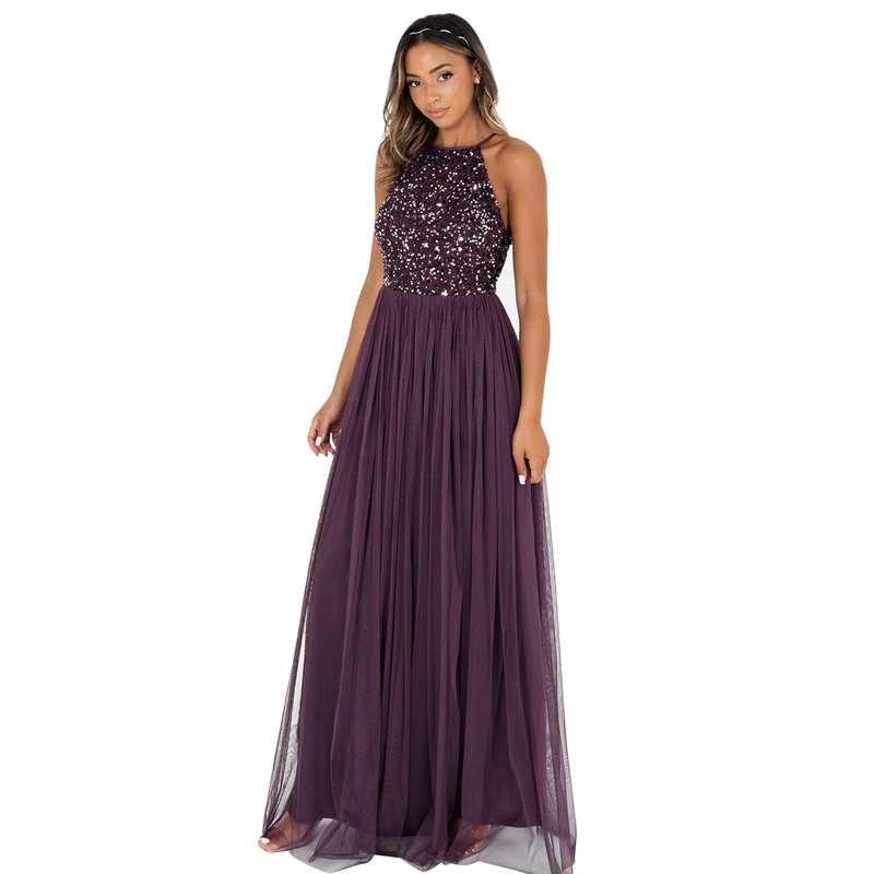 Maya Deluxe Women's Womens Ladies Maxi Halter Neck Sequin Embellished Prom Graduation Weddi Bridesmaid Dress, Berry, 8 UK
