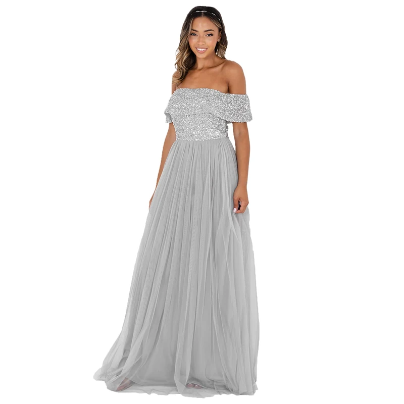 Maya Deluxe Women's Ladies Bardot Dress Maxi Embellished Hight Empire Waist Sleeveless Tulle for Wedding Guest Prom Graduation Bridesmaid, Soft Grey, 28