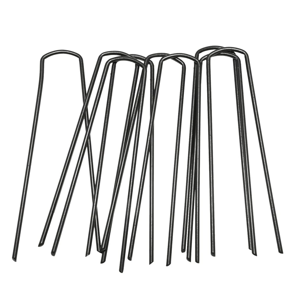 Ram® Black Heavy Duty 50 x Galvanised Ground Pegs Garden Lawn Pegs Stakes Staples Lawn U Shaped Nail Pins For Weed Control Membrane Weed Fabric Garden Netting Artificial Grass 6" Inches