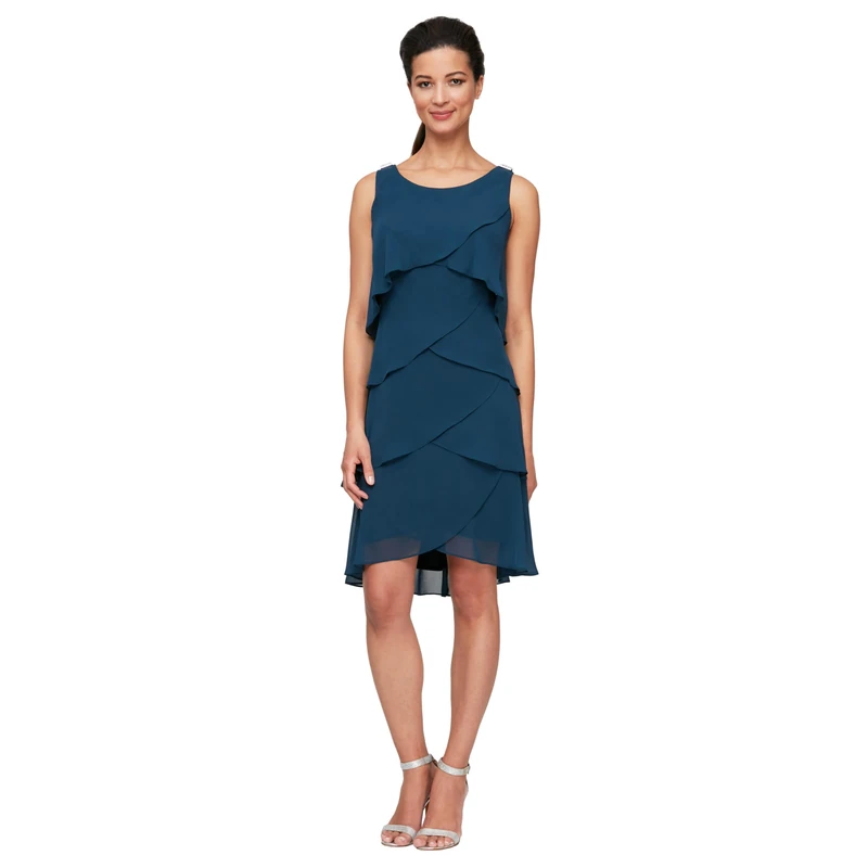 S.L. Fashions Women's Sleeveless Chiffon Tiered Cocktail Dress Petite and Missy, Midteal, 22
