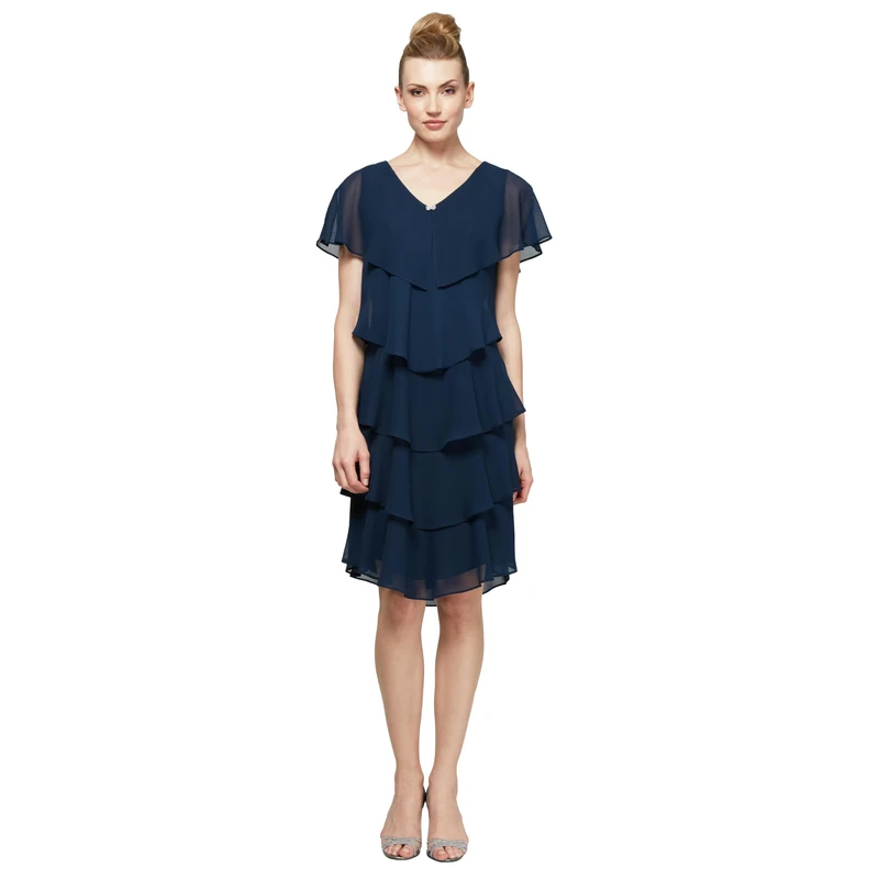 S.L. Fashions Women's Short Sleeve Solid Pebble Tiered Chiffon Dress (Missy and Petite) Special Occasion, New Navy, 20