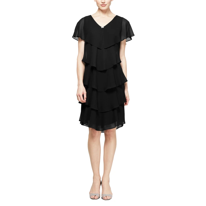 S.L. Fashions Women's Short Sleeve Tiered Chiffon Cocktail Dress, Wedding Guest Gown (Petite and Regular Sizes) Special Occasion, Black, 14