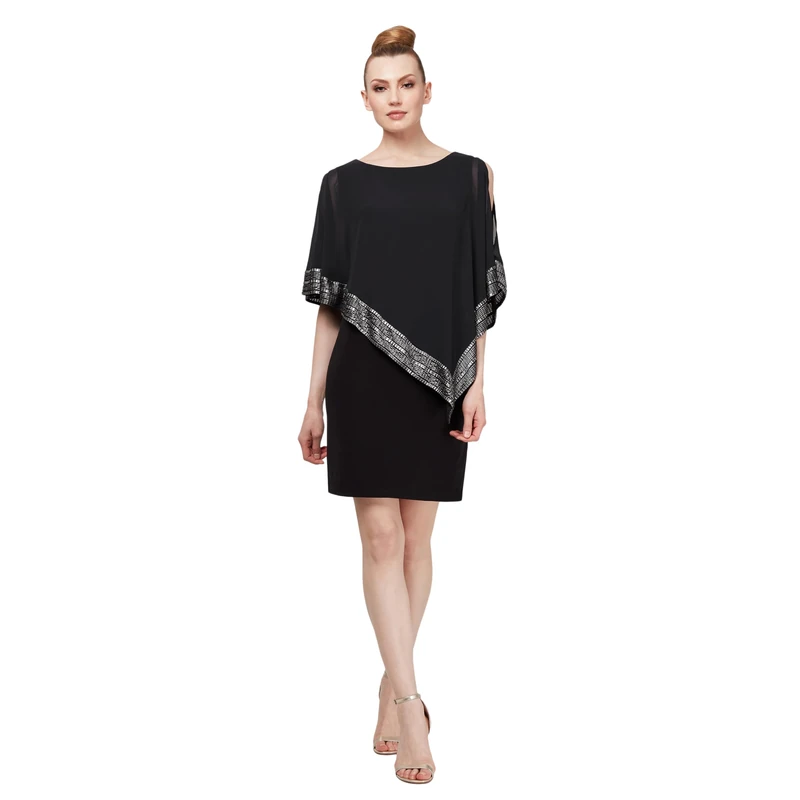 S.L. Fashions Women's Foil Cape Chiffon Dress Special Occasion, New Black and Silver, 18