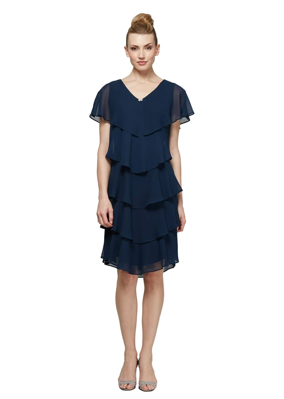 S.L. Fashions Women's Tiered Pebble Dress (Petite and Regular Sizes), New Navy, 10
