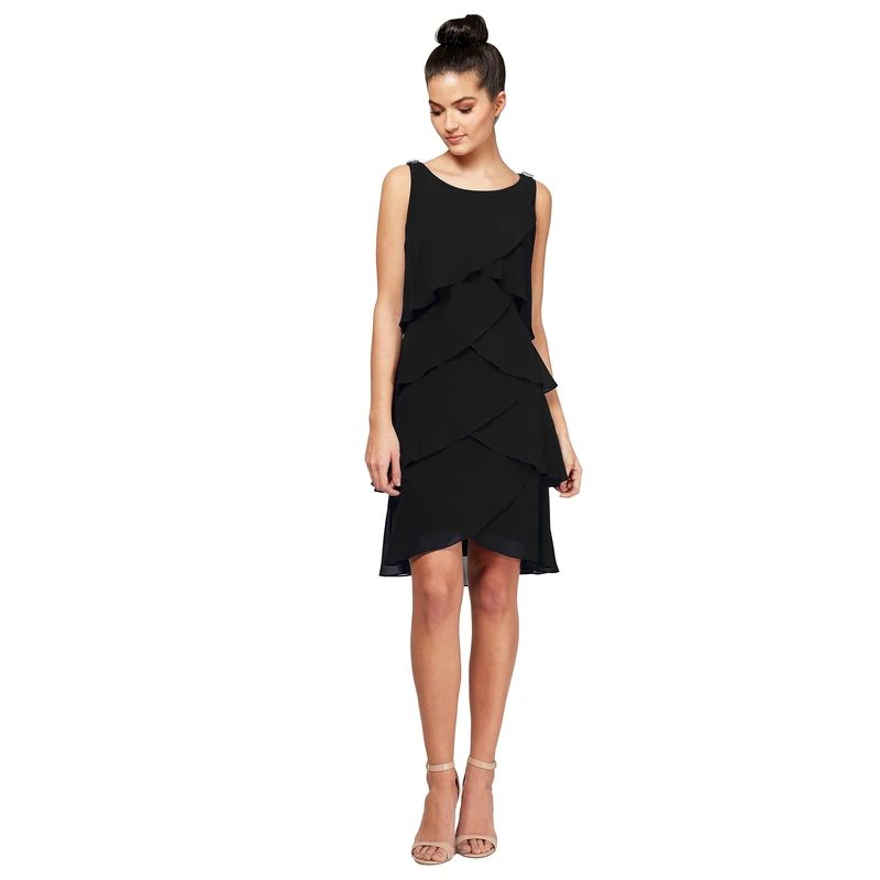S.L. Fashions Women's Sleeveless Tiered Knee Length Dress, Black Tulip, 12