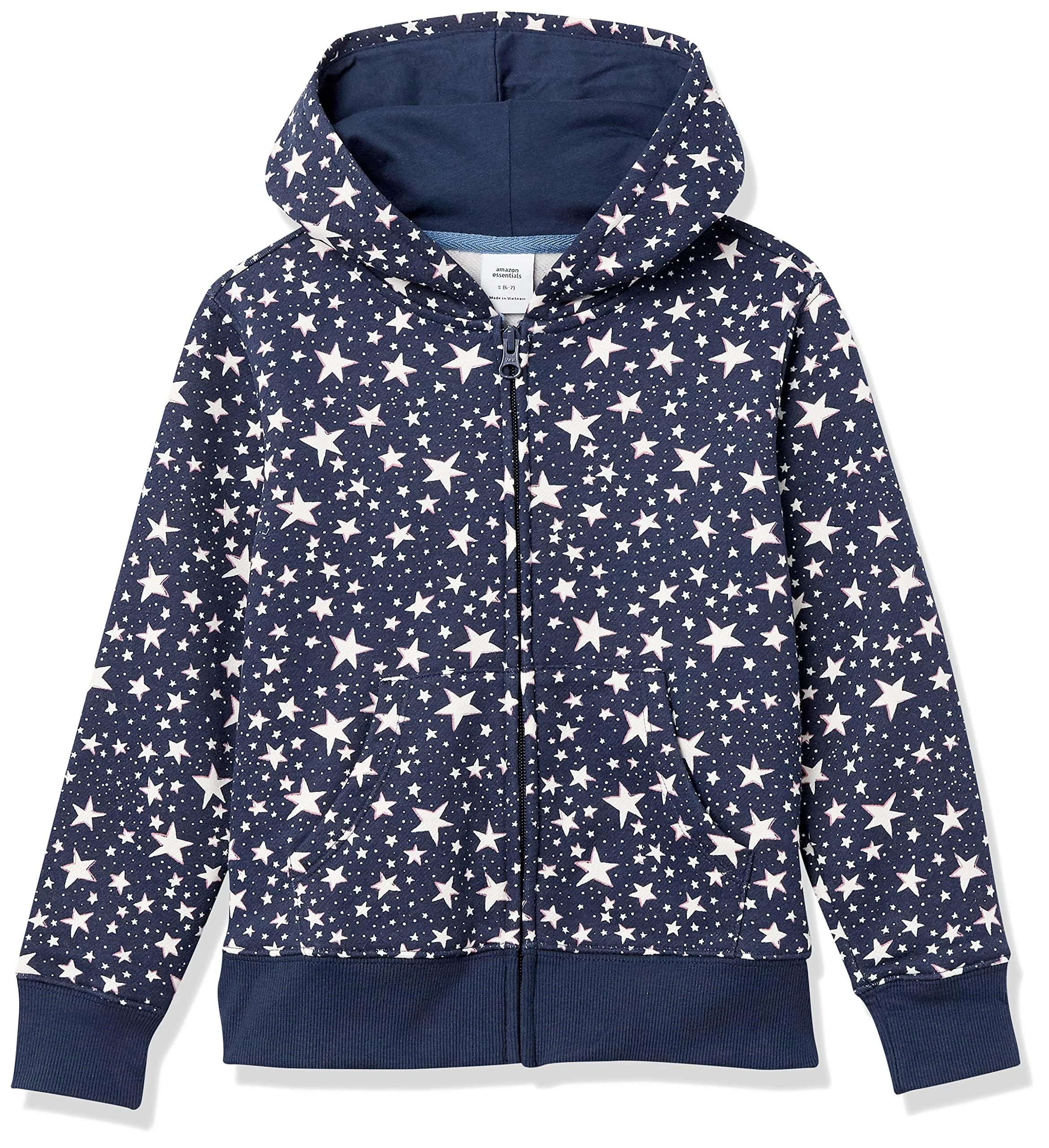 Amazon Essentials Girls' Fleece Zip-Up Hoodie Sweatshirt, Navy Stars, 10 Years