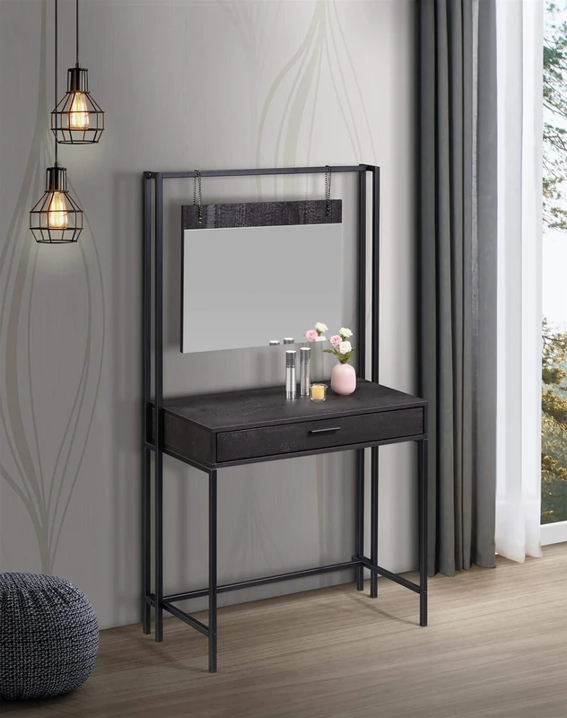 Timber Art Design UK Zahra Dressing Table Vanity Makeup Table Set with Mirror & Drawer Ash Oak Effect Modern Furniture for Bedroom, Living Room, Home, Black - W84cm x H150cm x D40cm