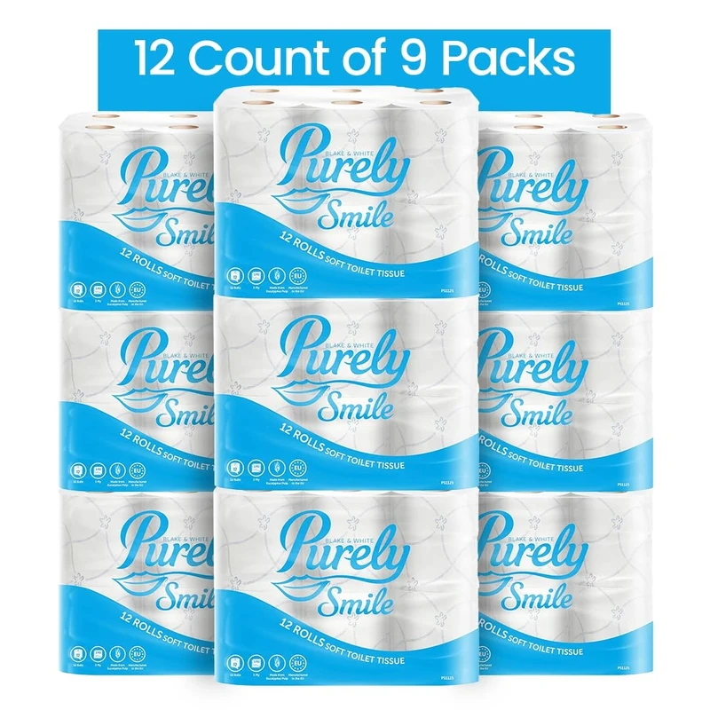 Blake & White Purely Smile 3 Ply White Toilet Rolls - FSC Certified Highly Absorbent Toilet Paper for Home and Leisure Centers - 12 Count of 9 Packs Ultra Durable Tissue Rolls - PS1126