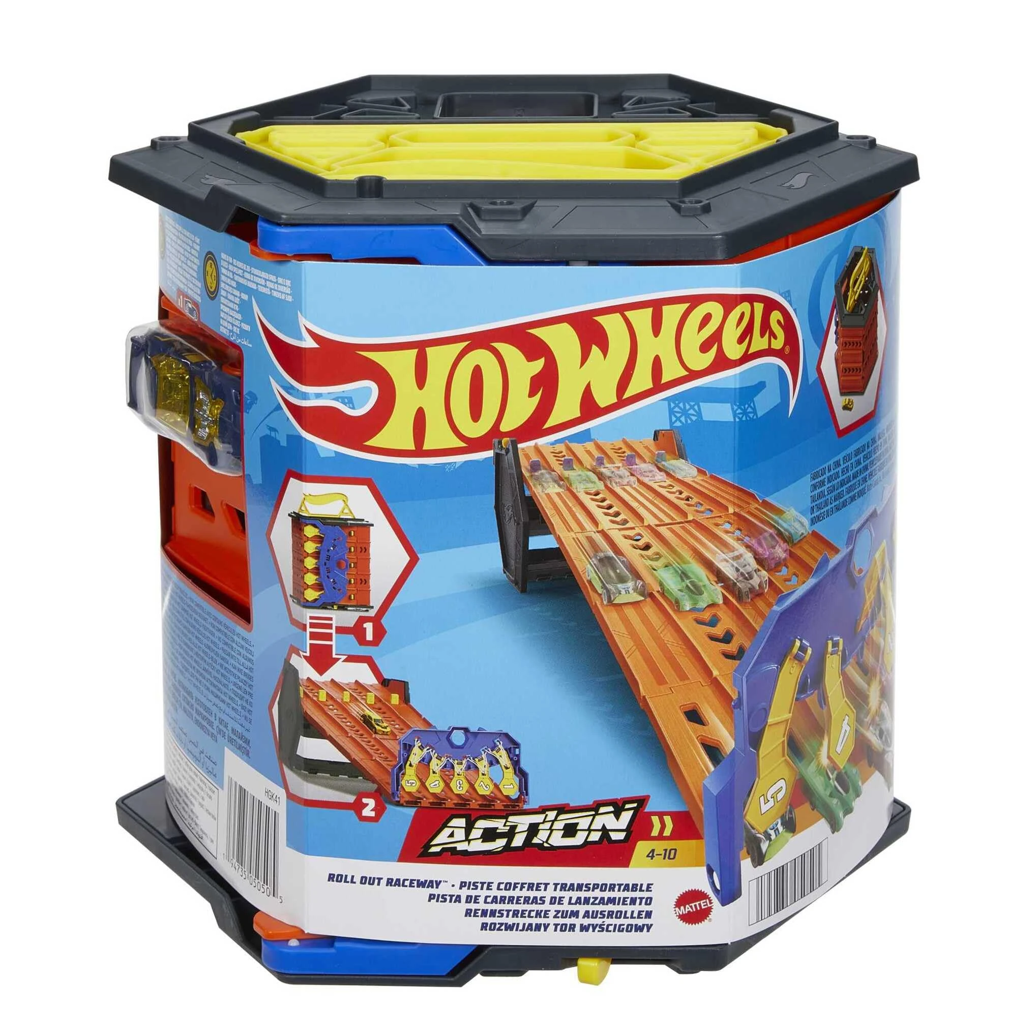 Hot Wheels Track Builder Action, Roll Out Raceway, Track Set with 5 Lane Racetrack and Toy Storage Bucket, Includes 1 Toy Car, Toys for Ages 4 to 10, One Pack, HGK41