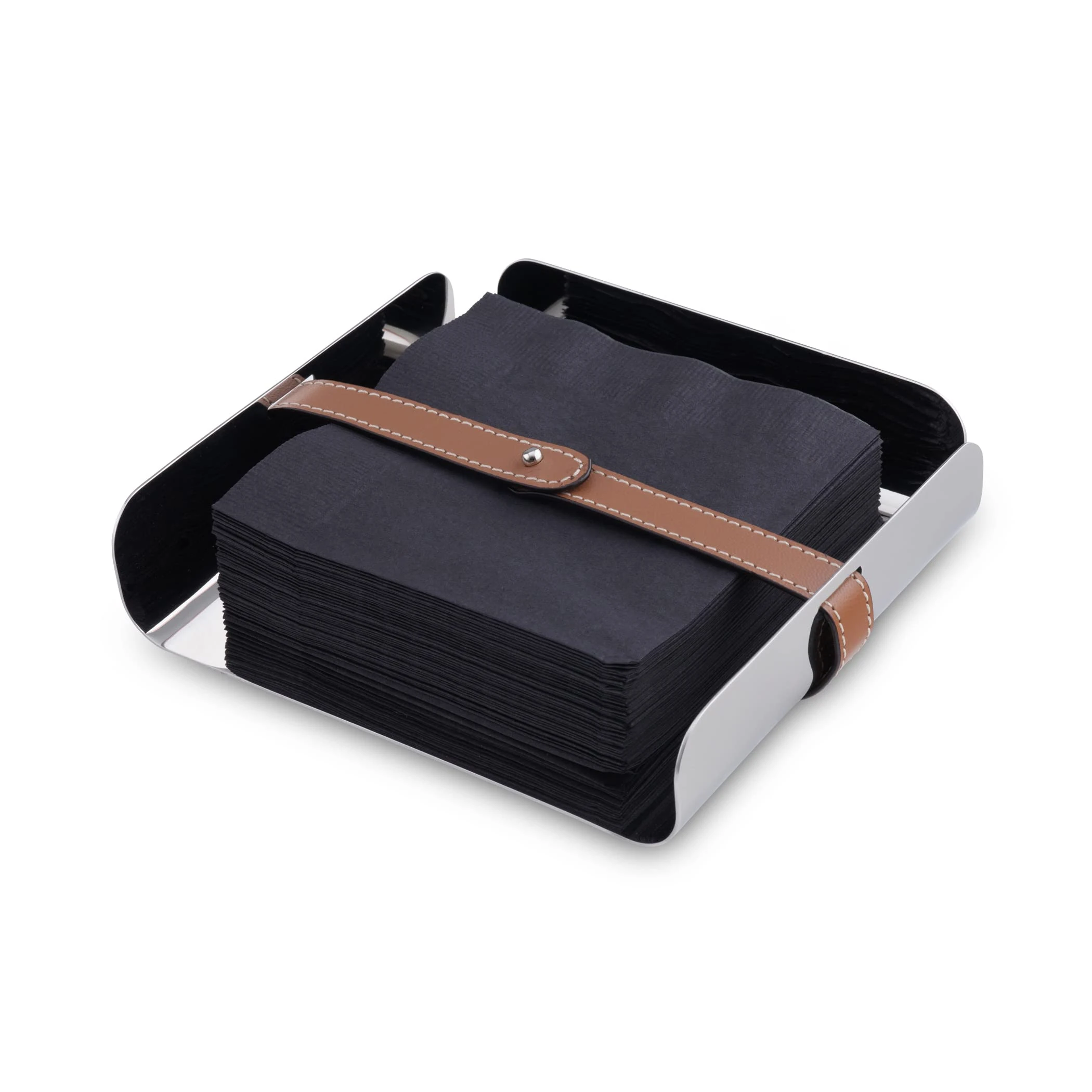 Nambe - Tahoe Collection Stainless Steel Napkin Holder with Raised Edges and Leather Clasp 7" x 2" - Leather Accent is Removable
