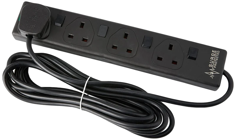 4 Gang Switched Surge Protected Mains Extension Lead, Black, 4m