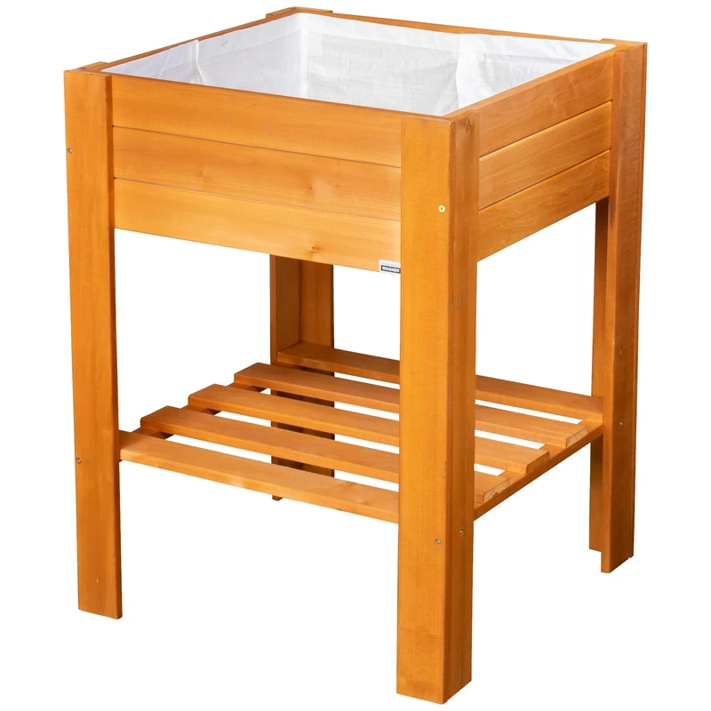 WAGNER GreenFAMILY - Raised bed - GreenBOX Light - coniferous wood, solid wood FSC®, chestnut, 53,5 x 53,5 x 70 cm, shelf, incl. plant bag - 25038001