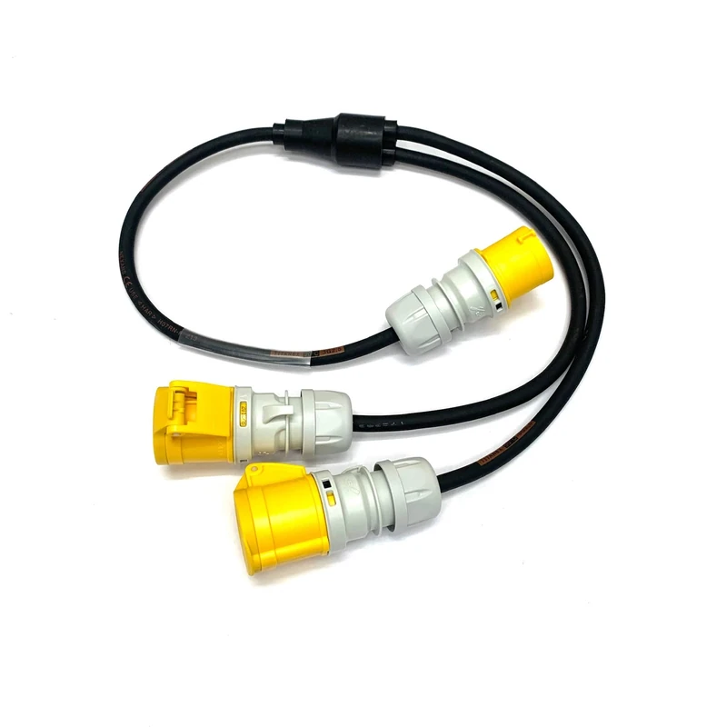 16 Amp 110V 3 Pin 2 Way 16A Sockets Soft Y Splitter Adaptor IP44 - PCE Yellow Commando Ceeform - H07RN-F Heavy Duty Rubber Cable