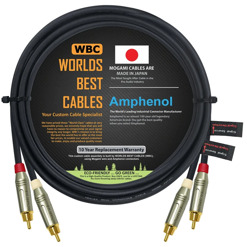 WORLDS BEST CABLES 3 Meter – Directional High-Definition Audio Interconnect Cable Pair CUSTOM MADE using Mogami 2549 wire and Amphenol ACPR Die-Cast, Gold Plated RCA Connectors