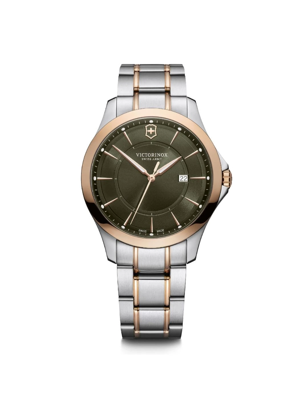 Victorinox Men’s Watch Alliance Ø 40 mm, Swiss Made, Analogue Quartz, Water-Resistant up to 100 m, Sapphire Glass, Stainless Steel Strap, Green/Rosé Gold/Silver