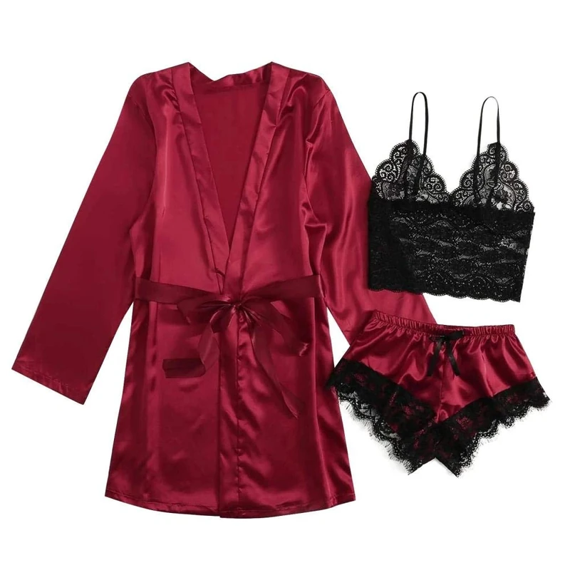 Women's G-Strings Thongs & Tangas Sexy Satin Pajamas Set Satin Silk Pajamas Women Nightdress Lingerie Robes Underwear Sleepwear Sexy-Wine_XL