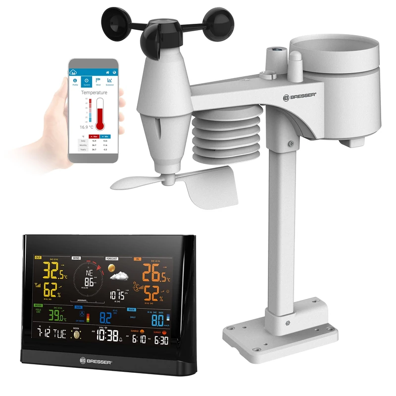 Bresser WLAN Comfort Weather Station with 7-in-1 Professional Sensor and Modern Colour Display, Black