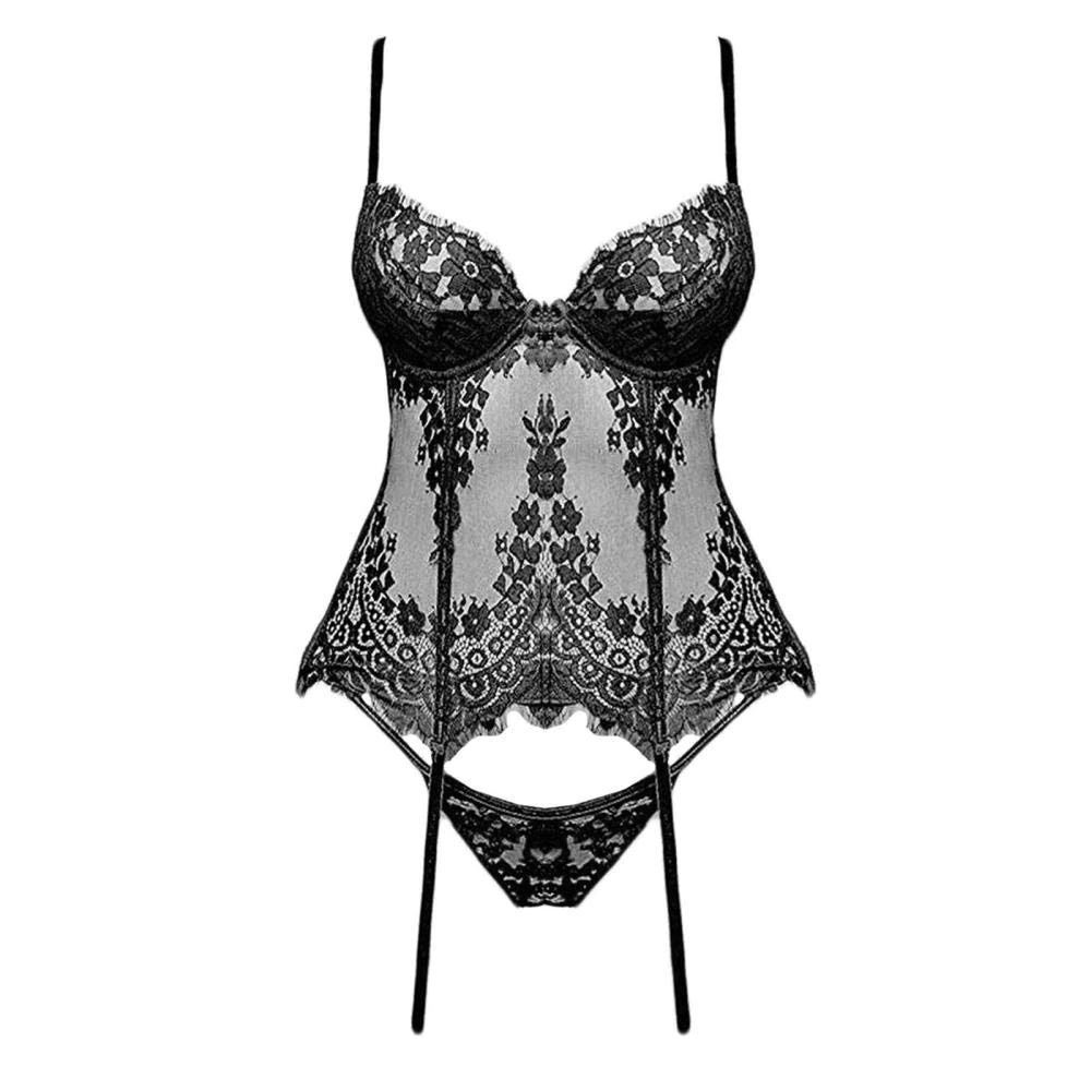 Women's Baby Dolls Sexy Underwear Adult Lingerie Women Lace V Neck Mesh Sleepwear Lingerie with Thong Garter-Black_M